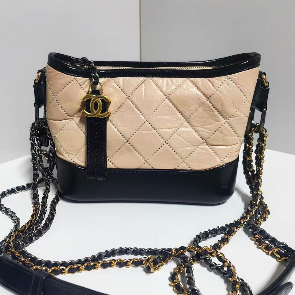 Chanel Gabrielle Beige and Black Quilted Hobo Bag